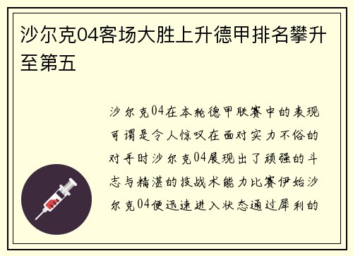 沙尔克04客场大胜上升德甲排名攀升至第五